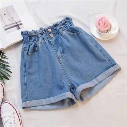 Summer High Waist Denim Shorts Casual Elastic Roll Up