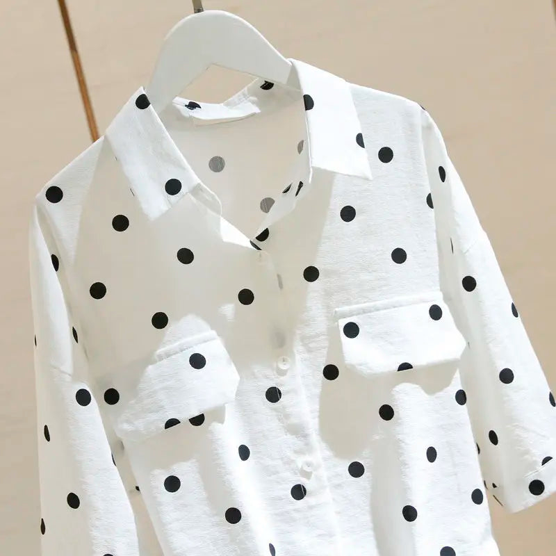 Women Oversize White Shirt With Pockets Ladies Fashion Elegant Blouses 2024 Casual Youth Black Polka Dot Top Korean Clothing