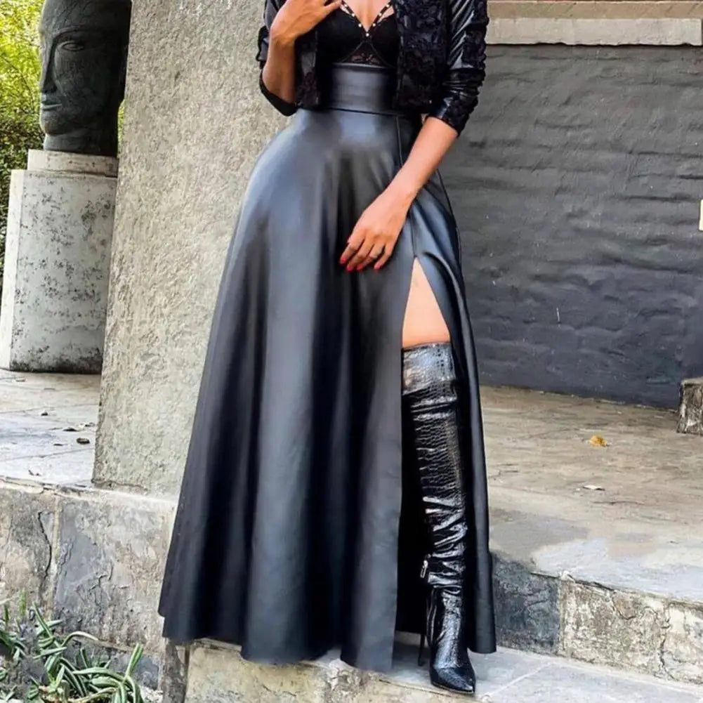 Elegant High Slit Faux Leather Long Skirt Stylish Maxi