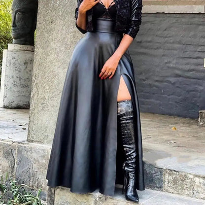 Elegant High Slit Faux Leather Long Skirt Stylish Maxi