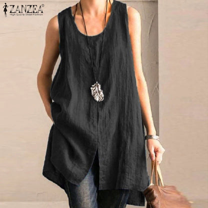 2023 Summer Sleeveless Split Tanks Tops ZANZEA Women Cotton Linen Blouse Vintage Solid Party Shirt Female Blusas Tunic Tops Tee