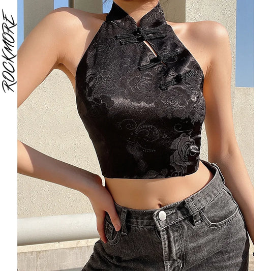 Rockmore Vintage Halter Crop Top Women Chinese Cheongsam Style Camis Streetwear Sexy Backless Tie-Up Corset Tops Gothic 2021