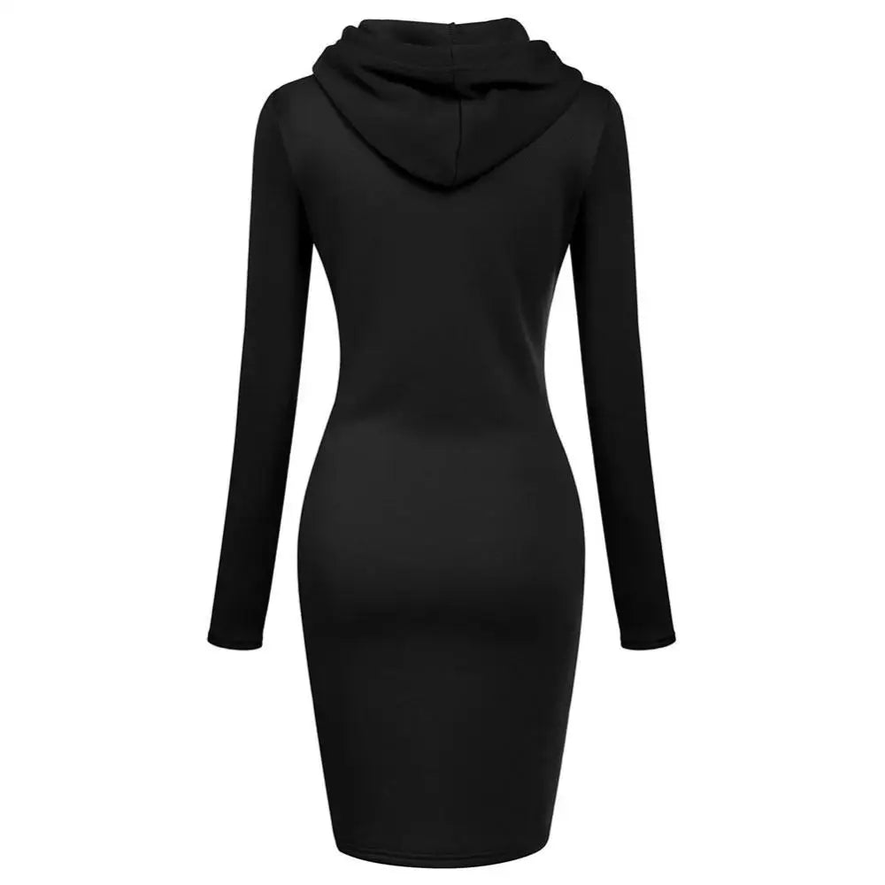 New Autumn Solid Color Women Long Sleeve Pocket Bodycon Hooded Sweatshirt Dress