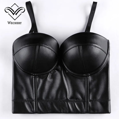 Wechery Women Leather Corset Top Crop Bustier Gothic Bra Push Up Bodice Sexy Lingerie Corselet Party Short Camis Plus Size 6XL