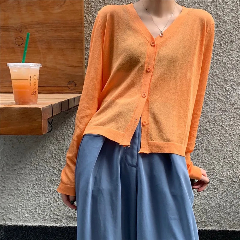 Cardigan Shirt Women Tops Korean Long Sleeve Cardigan Summer Tops V Neck Thin Knitted Sunscreen Shirt Sweater Blusas Mujer E600