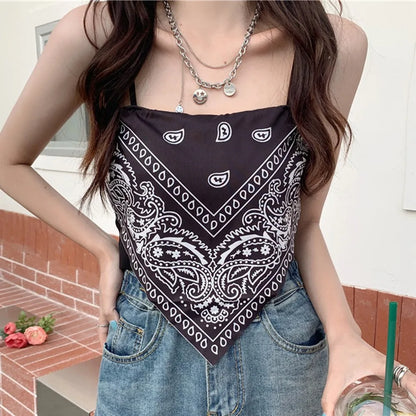 Women Summer Retro Print Satin Tie Back Knot Spaghetti Sleeveless Straps Tube Crop Top Blouse Slim Fit Irregular Ladies Tank