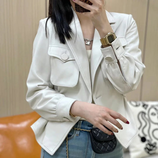 White Jackets For Women Female Blazer Loose Style Big Pocket Slim Waist Short Veste