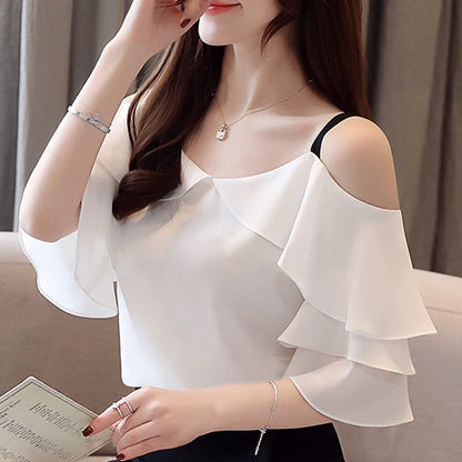 Fashion Blouses Woman 2024 Off Shoulder Top Women Blouses White Chiffon Blouse Women Camisas Mujer Womens Tops And Blouses B296