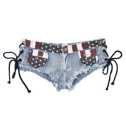 New Summer Women's Shorts American Flag Print Ripped Bandage Denim