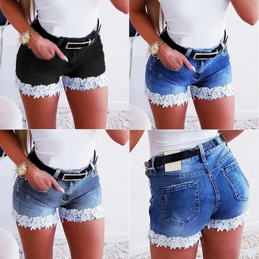 Women's Slim Denim Shorts Stretch Lace Stitching