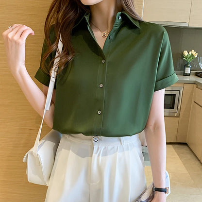 Blouses Summer Short Sleeve Blouse Women Blusas Mujer De Moda 2024 Verano Turn Down Collar Chiffon Blouse Shirt Women Tops E704