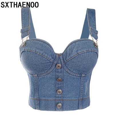 SXTHAENOO Fashion Sexy Denim Jeans Women Button Bustier Bra Party Night Club Party Cropped Top Vest Plus Size Ropa De Mujer