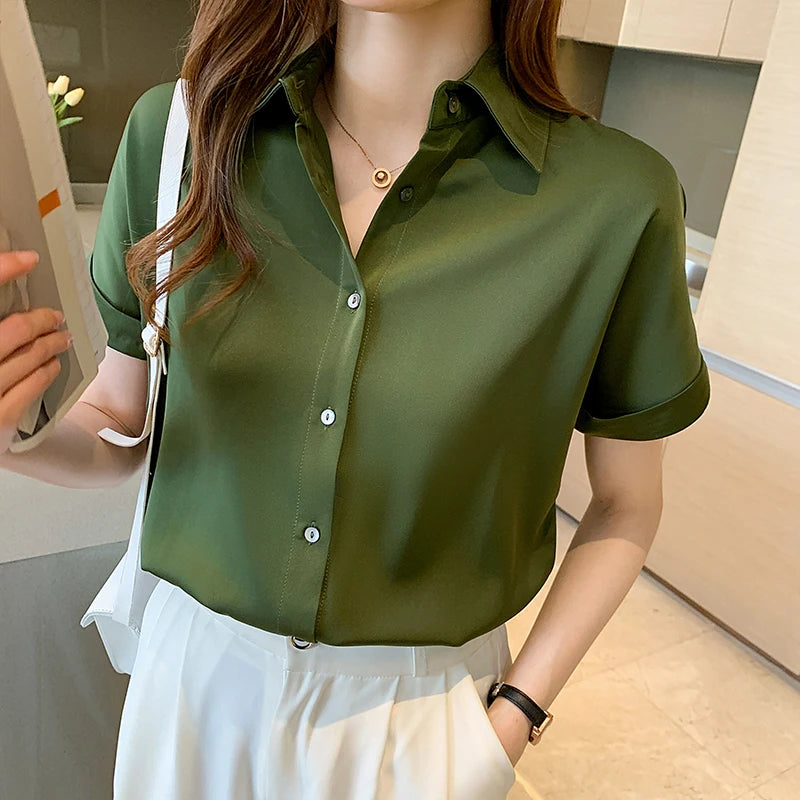 Blouses Summer Short Sleeve Blouse Women Blusas Mujer De Moda 2024 Verano Turn Down Collar Chiffon Blouse Shirt Women Tops E704