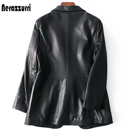 Nerazzurri Spring Autumn Black Leather Blazer Women Single Button Designer Jackets 5XL-7XL