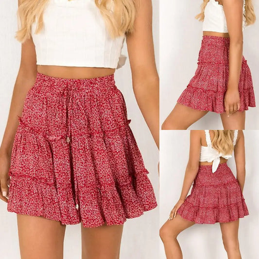 Summer Floral Print Boho Sexy Mini Skirt Women's Bandage Fashion High Waist Frills