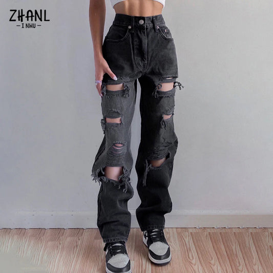 Ripped High Waist Jeans Women's Vintage Straight Denim Trousers