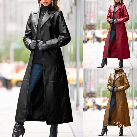 Windbreaker Jacket Women Autumn Winter Faux Leather Long Slim Trench Coat