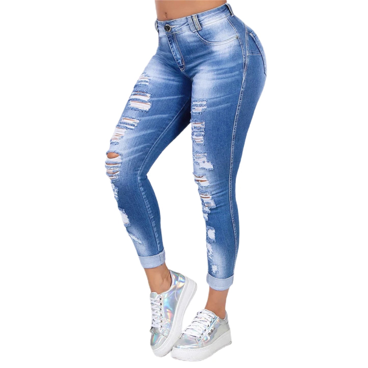 Plus Size Women's Ripped High Waist Trousers Skinny Denim Hollow