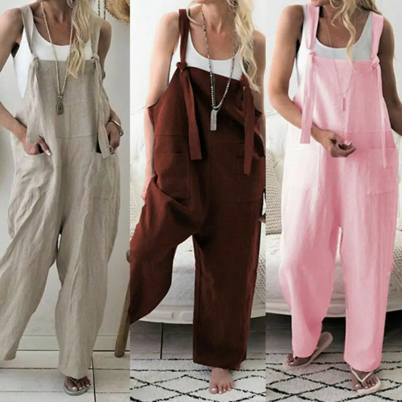 Women's Linen Dungarees Harem Strap Pant Loose Jumpsuit Baggy Trousers