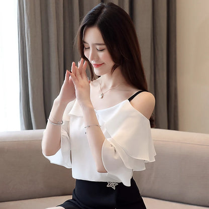 Fashion Blouses Woman 2024 Off Shoulder Top Women Blouses White Chiffon Blouse Women Camisas Mujer Womens Tops And Blouses B296