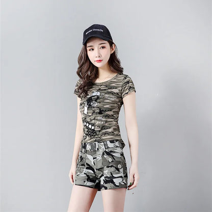 Army Camouflage t shirt Women Crown Print Cotton Stretch T-shirts Military Summer Short Sleeve Plus Size 4xl 5Xl Tee Shirt Tops