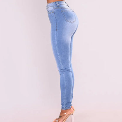 Women's Denim Skinny Trousers High Waist Slim-Fit Washed Long