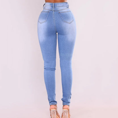 Women's Denim Skinny Trousers High Waist Slim-Fit Washed Long