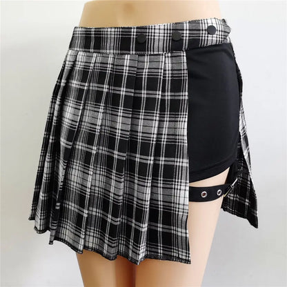 Women's Short Skirt Fashion Tartan Red Pleated Button Casual