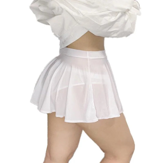 Low Waist A-Line Pleated Skirt Woman Sexy Transparent