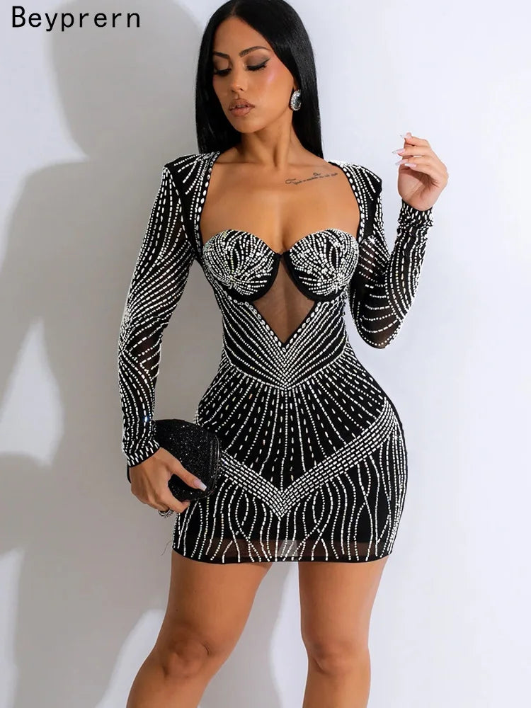 Black Rhinestone Mini Dress - Padded Party Birthday Outfit