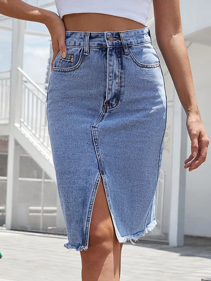 Zipper Fly Raw Hem Split Denim Skirt High Waist