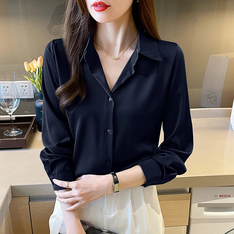 Fashion elegant satin shirts solid color ladies shirts causal Women's Blouses Spring Long Sleeve Shirts Tops Blusas Mujer