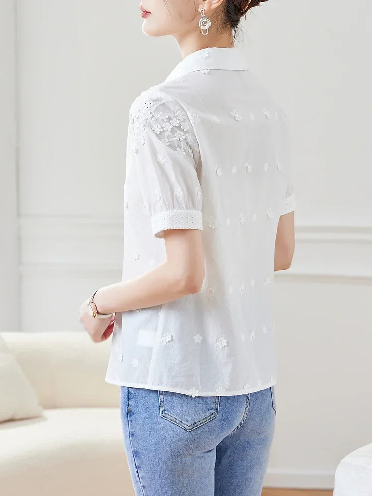 Vimly 100% Cotton Short Sleeve White Shirt for Women 2023 Fairy Sweet Summer Tops Embroidery Button Up Elegant Shirts & Blouses