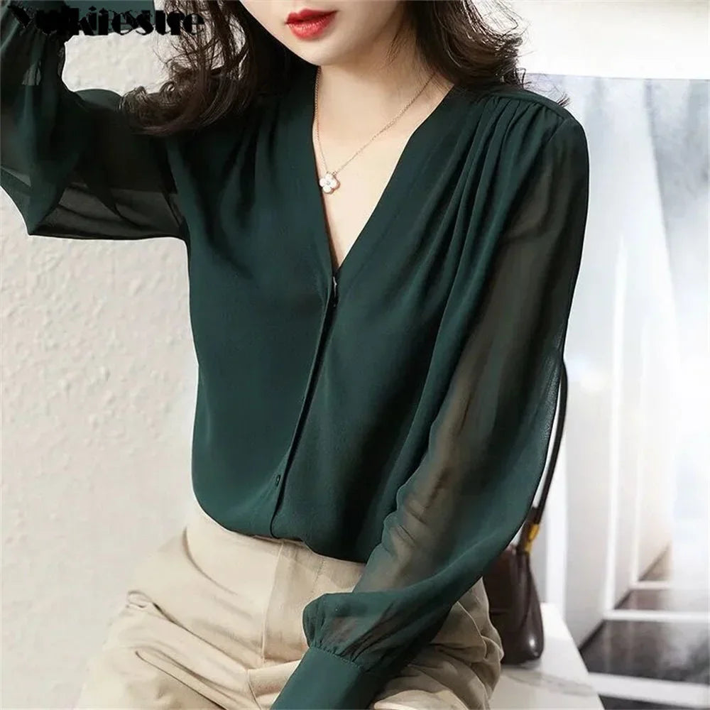 Spring Summer Elegant blouse women Korean Chiffon Shirt Women Long Sleeve Ruffled Women's shirts and blouses Office Lady Tops