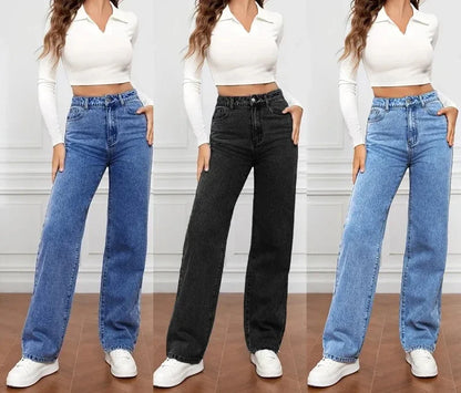 Jeans Women's Straight Pants Washing High Waist Loose Pockets