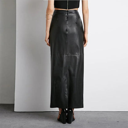 Midi Skirt Party Women's Black Leather Long Skirts