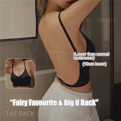 Backless invisible push-up bra with adjustable straps and seamless design, made from polyester and nylon.