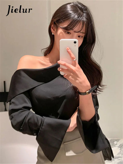 Jielur Office Lady Korean Style Black Blouses One Shoulder Sexy Shirts Women Spring Summer Cold Blouse Female Elegant White Tops