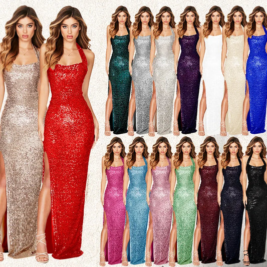 Hanging Neck Dresses - Criss-Cross Long Dress, Sequined Party Dress