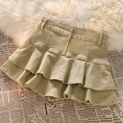 Streetwear Women's Khaki Denim Skirts High Waist Short Jean Skirts Stretch Slim