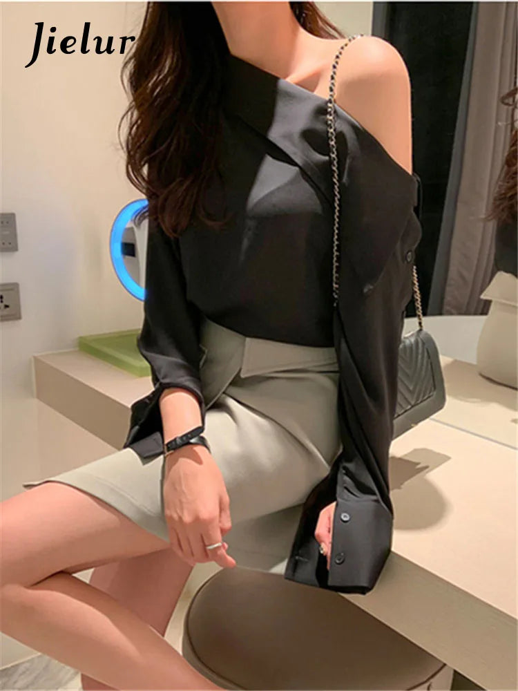 Jielur Office Lady Korean Style Black Blouses One Shoulder Sexy Shirts Women Spring Summer Cold Blouse Female Elegant White Tops