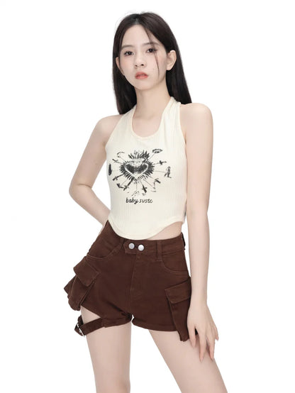 Denim Shorts Women's Pockets Brown High Waist A-Line Streetwear