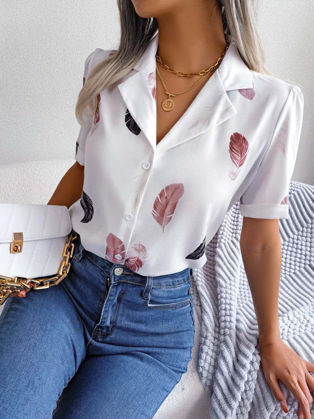 Women Casual Notched Short Sleeve Print Shirt