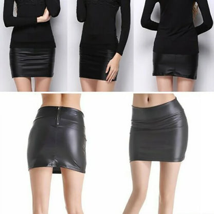 Women's Black Leather High Waist Short Skirt Tight Zip Mini