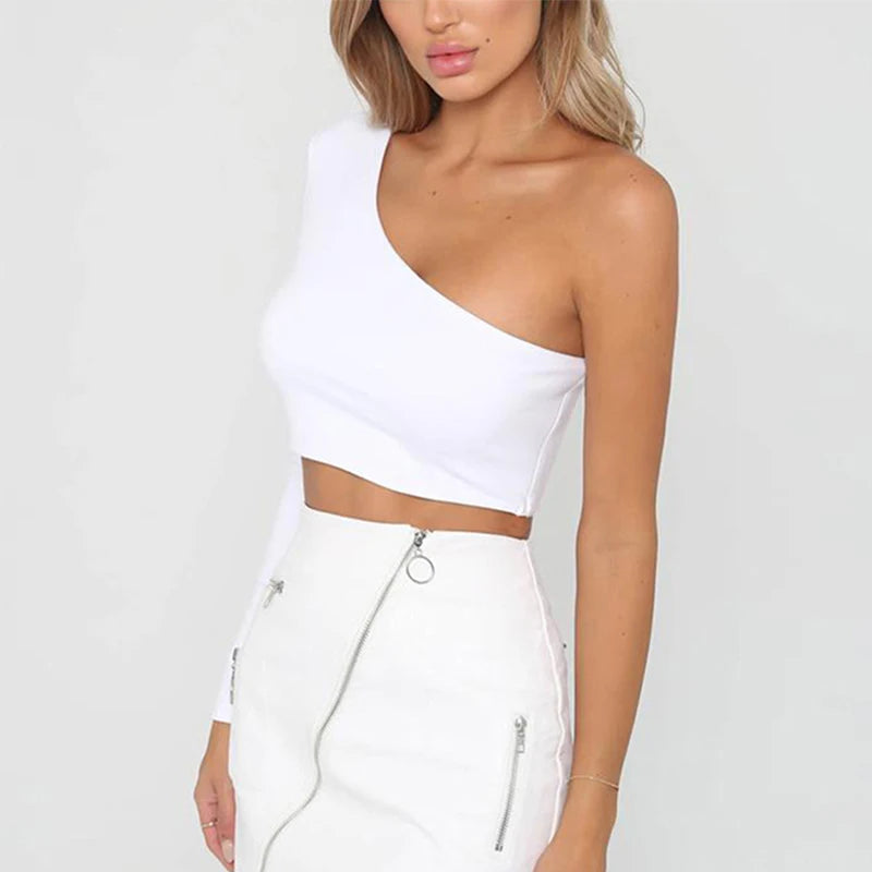 CDJLFH Sexy One Shoulder Crop Top T Shirt Women Diagonal Collar Long Sleeve Tshirt Casual Basic White Slim Fit Bodycon Tees Tops