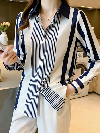 Long Sleeve Striped Chiffon Blouse Shirt Women Tops Blusas Mujer De Moda 2024 Turn Down Collar Blouse Women Blouses Shirts G316