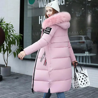 Women's Winter Down Coat 2024 - Slim Fit, Solid Color, Long Parka with Zip Fur Collar