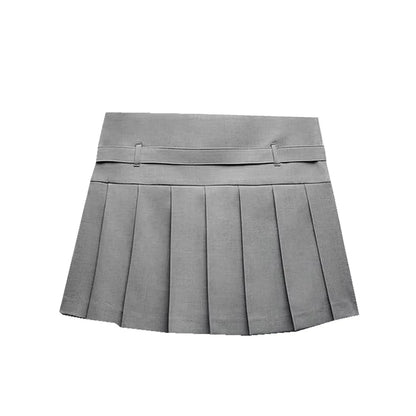 Women's Fashion Autumn Box Pleat Skort Vintage Belt Mini Skirt