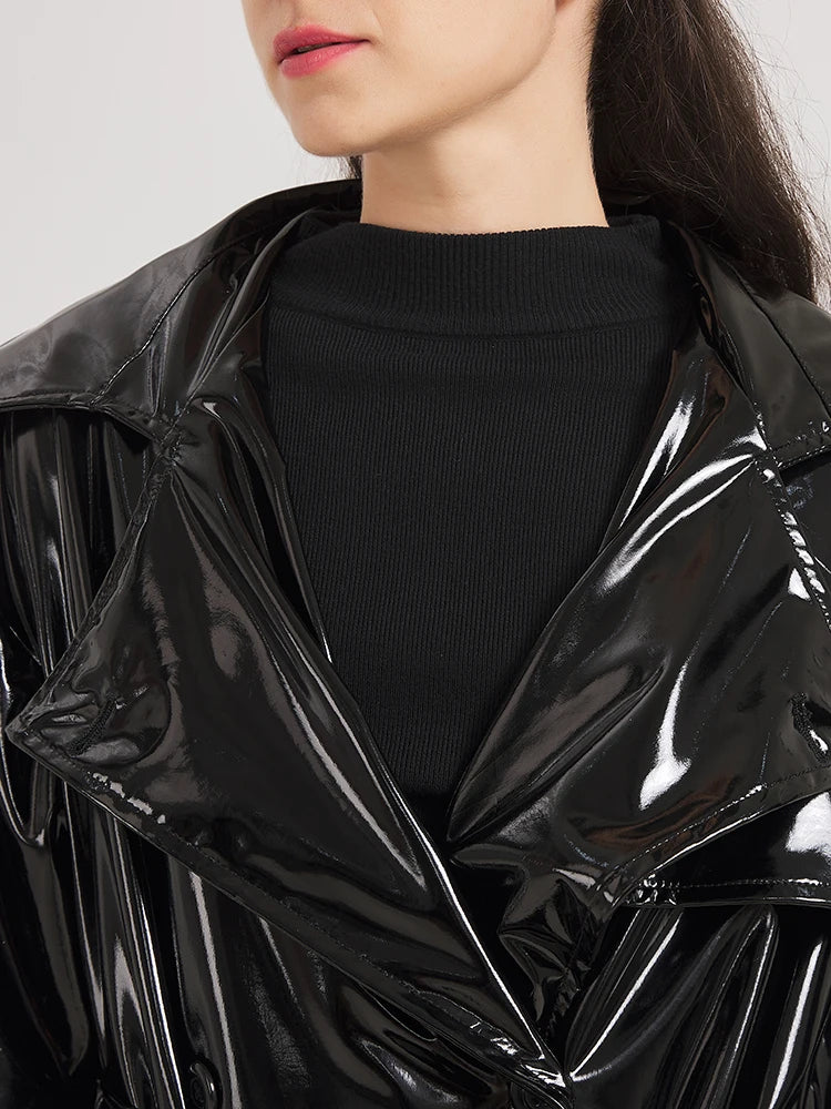 Extra Long Black Patent Leather Trench Coat - Women’s Shiny Reflective Maxi Overcoat