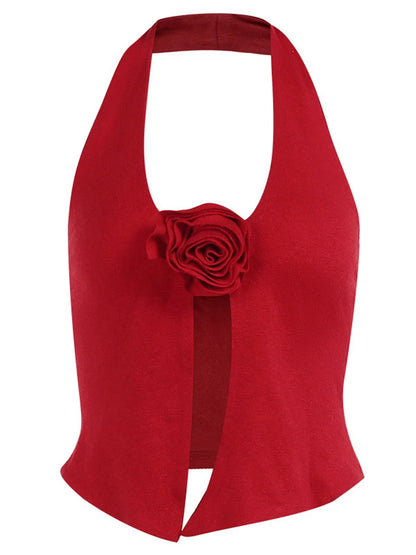 Sexy Red Halter Tank Top Vest for Women Knitted 3D Floral V neck Button Crop Top Y2K Slim Fitted Sleeveless Shirt Tee Streetwear